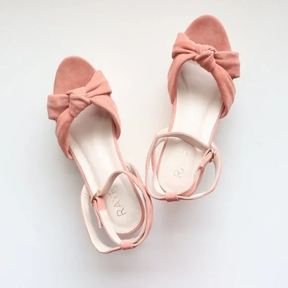 Revolve RAYE Faye Peach Suede Leather Wooden Platform Wedge Ankle Strap Sandals